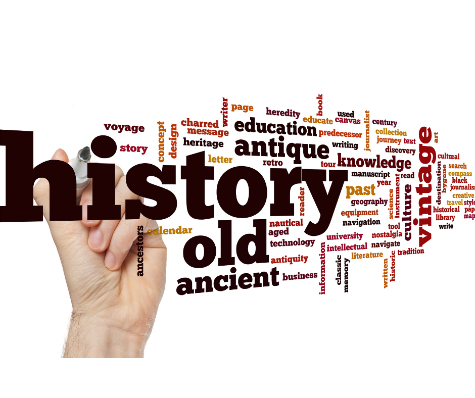 hand with pen writing words important to describing history and learning