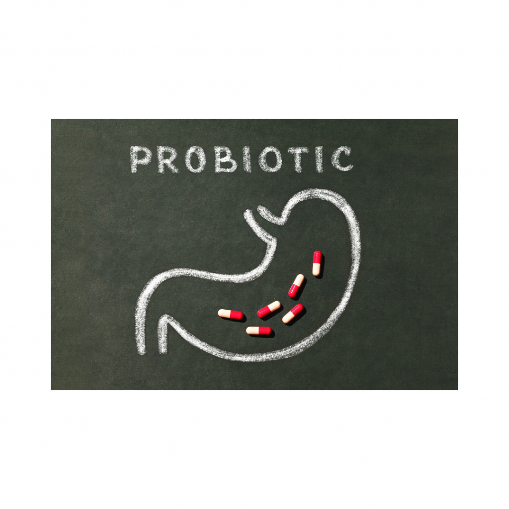 chalkboard writing probiotic and drawing of the stomach with probiotic pills inside