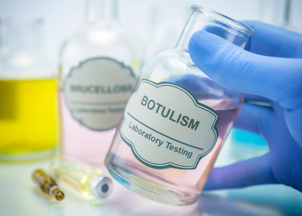 gloved hand holding glass vial with botulism laboratory testing label. Other glass vials with unreadable labels in background and on white table.