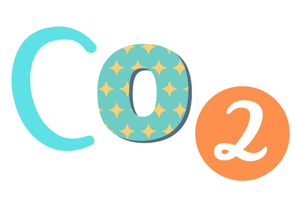 Animated design of the abbreviation for carbon dioxide, CO2. Letters are colored teal and orange with some designs.
