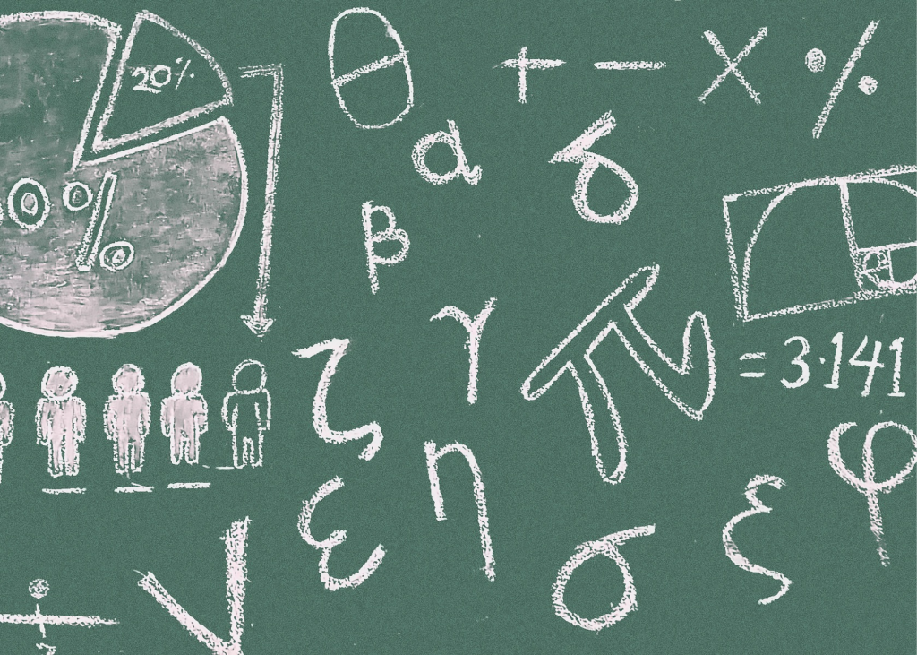Chalkboard with math symbols written in white chalk