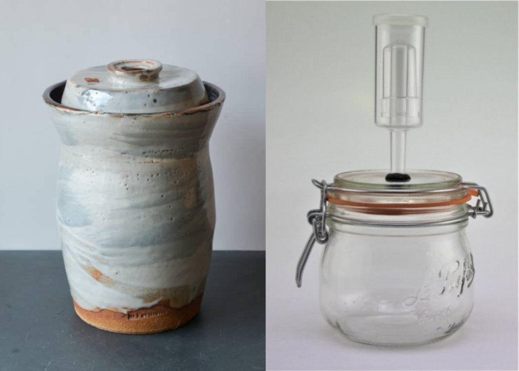 Side by side images of water lock crock and fido jar with waterlock modified lid.