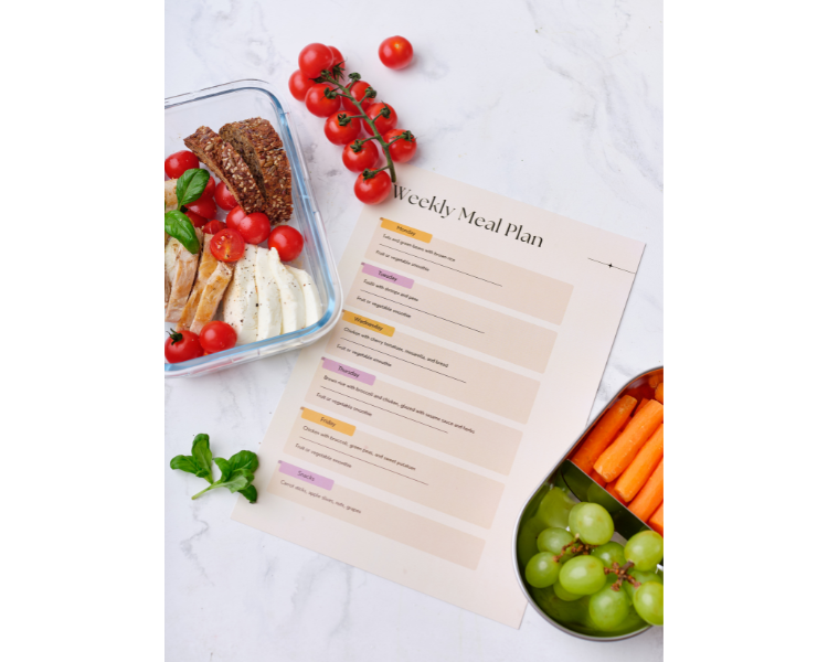 Paper with weekly meal plan typed out sitting on white surface, surrounded by various foods in and out of containers, including tomatoes, bread, basil, chicken, cheese, grapes and carrots.