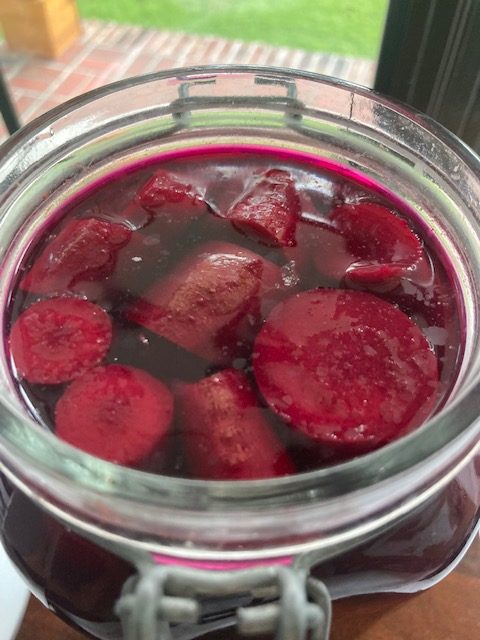 close up of fermented red/purple beet kvass in glass jar with kahm yeast on surface